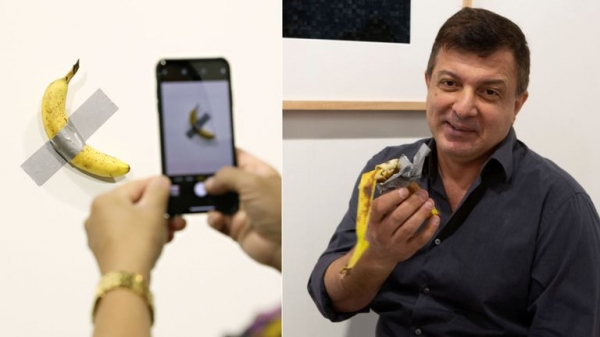 
Banana taped to wall which sold for $120k eaten in front of crowd
