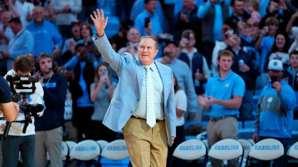 
Bill Belichick gets enthusiastic reception at UNC basketball game having been unveiled as the school’s new football coach
