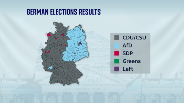 German election results show stark east-west divide decades after fall of Berlin Wall 