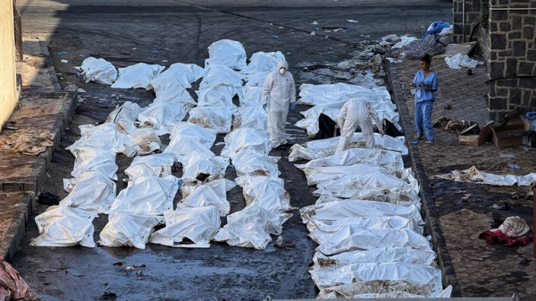 Rows of decomposing bodies that haven't been buried because of fierce fighting in Syrian city